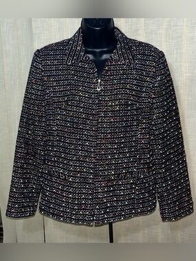 Vintage Sag Harbor Petite Black Tweed Zip-Up Gold Shimmer Jacket SIZE 8P EUC